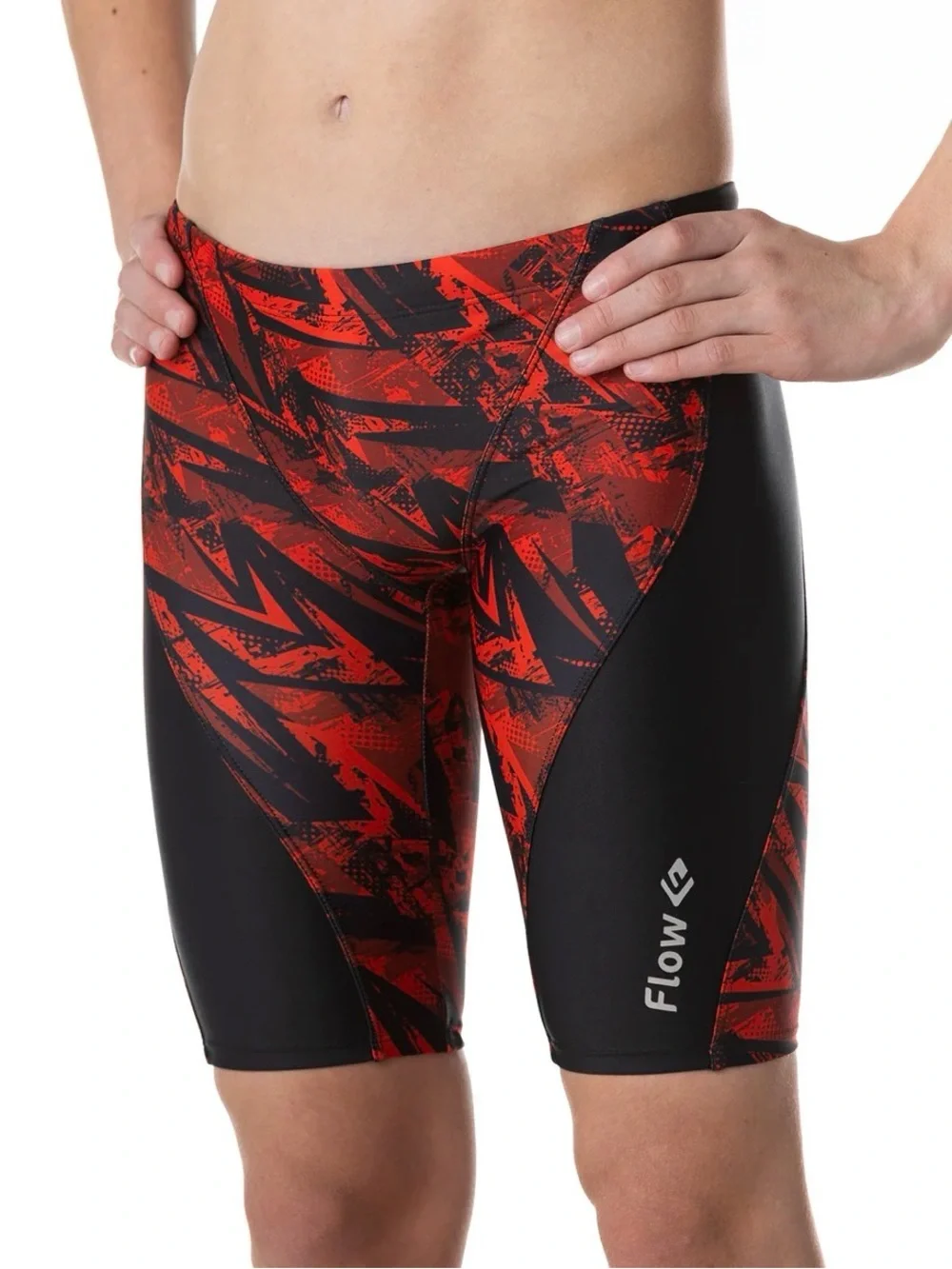 Boys Red and Black Competitive Jammer Swim Shorts with Tie Size: 8-10 (24”-25”)